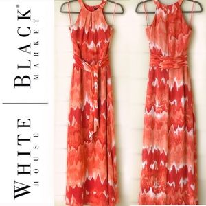 Water Color Orange White Keyhole Maxi Dress
